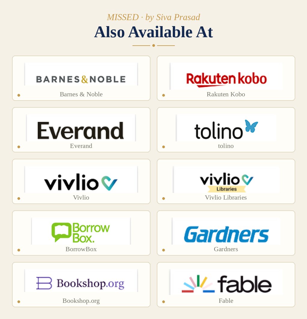 MISSED available on Barnes & Noble, Rakuten Kobo, Everand, tolino, Vivlio, Vivlio Libraries, BorrowBox, Gardners, Bookshop.org, and Fable.